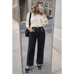 LOFT Sailor Button Wide Leg Jean Black High Rise Denim Pant Coastal Grandma 26/2